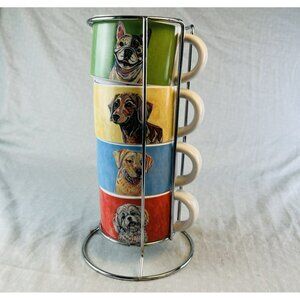 Pier 1 Stackable Dog Breed Coffee Mugs Set 4 Chrome Rack Painted Stoneware